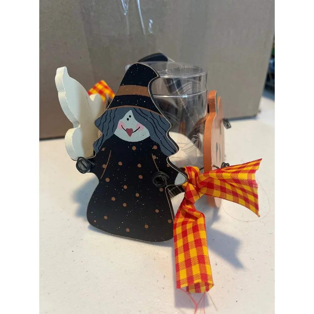 Halloween Wooden Votive Candle Holder Witch Ghost Cat Pumpkin Primitive Decor